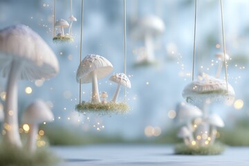 Hanging white mushrooms create a whimsical scene with soft lights and a dreamy atmosphere in a forest setting