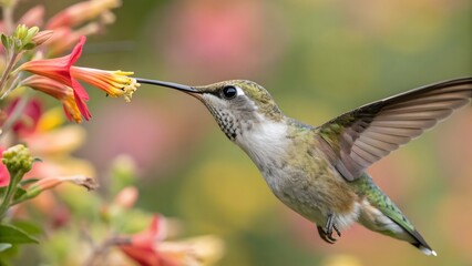 Naklejka premium Hummingbird Hovering Near Vibrant Flower in Colorful Garden Scene