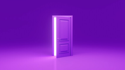 Slightly open purple door showing bright white light in empty purple room with minimalist design, creating a concept of mystery, hope, and new beginnings
