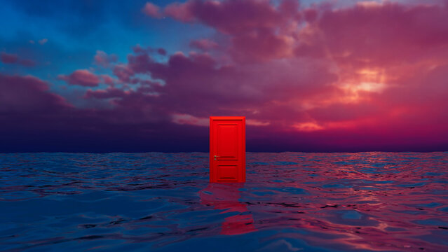 Vibrant red door stands mysteriously amidst the ocean waves, bathed in the warm glow of a dramatic sunset with a cloudy sky, creating a surreal and thought provoking scene