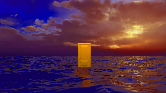 Golden door stands mysteriously in the middle of a vast ocean under a dramatic sunset sky. Creating a surreal and thought provoking scene that evokes themes of opportunity. Mystery. And the unknown