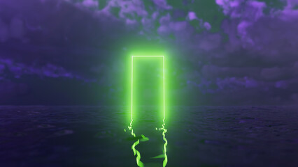 Glowing neon green rectangular portal rises from dark ocean water with reflections under dramatic cloudy night sky creating mysterious and surreal atmosphere