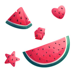 A set of delicious watermelon slices of different shapes on a white background. The concept of summer, summer sweets. Isolated vector illustrations for menu design, posters, banners, covers