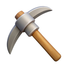 3d cartoon pickaxe with wooden handle isolated on transparent background