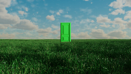 Bright green door standing in a vibrant field of lush grass beneath a cloudy blue sky, creating a surreal and captivating scene filled with mystery and possibility