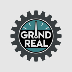 A stylized gear with the words grind real inside a circular clock face with a single hand pointing upwards symbolizing time and effort