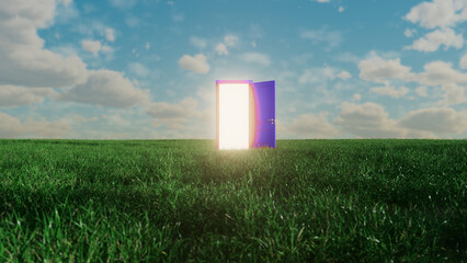 Surreal image depicting an open purple door standing in a green field under a cloudy sky, with a bright light emanating from the doorway, symbolizing a portal to another world or dimension