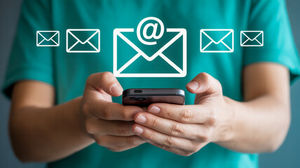 Hands centered holding a black smartphone horizontally against a teal gradient background with floating white envelope icons, including a large central @ symbol
