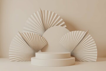 minimalistic white fans airy goods light presentation scene carved soft cosmetic mockup splaying podium abstract circle simple box elegant product oriental paper poduim dais stage