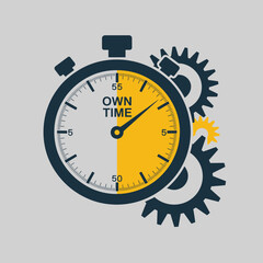 Abstract illustration of a stopwatch with gears and the text own time representing time management and personal productivity