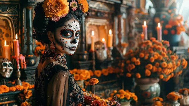 A woman in ornate Day of the Dead makeup stands before an altar adorned with candles flowers and skulls a celebration of remembrance and tradition in a vibrant display of culture