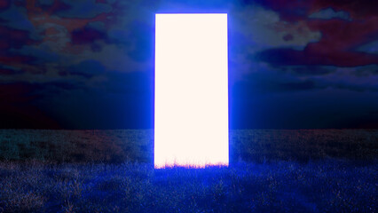Glowing rectangular portal emitting bright light stands in a field at night, illuminating the surrounding grass and creating a mysterious and otherworldly atmosphere under a dark, cloudy sky