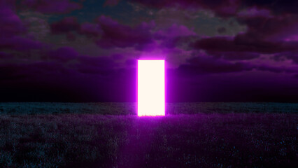 Bright pink glowing rectangular portal stands in grass field under dark purple clouds at night, creating a mysterious and otherworldly atmosphere © MIKHAIL