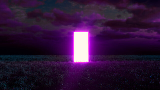 Bright pink glowing rectangular portal stands in grass field under dark purple clouds at night, creating a mysterious and otherworldly atmosphere