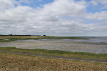 mudflats at the dutch coast in zeeland in the westerschelde sea with low tide in summer