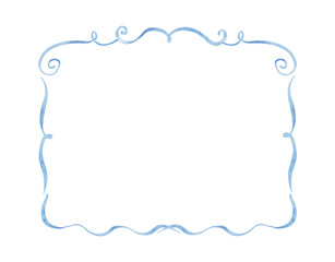 A whimsical hand-painted watercolor frame with soft blue ribbon with curled edges and delicate swirls.
