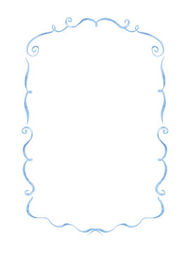 A whimsical hand-painted watercolor frame with soft blue ribbon with curled edges and delicate swirls.
