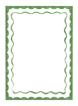 Hand painted watercolor frame with green wavy edges. Illustration Isolated on white background for baby shower invitations, greeting cards, wedding stationery.