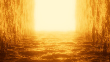 Light streaming through the tunnel illuminates a rough surface, crafting an abstract and surreal golden landscape filled with mystery and a sense of hope for the future