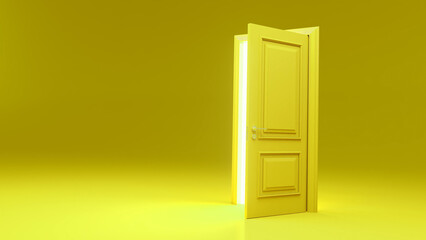 Slightly open yellow door letting bright light into yellow room, creating a hopeful atmosphere and symbolizing new opportunities, a fresh start, or a positive change