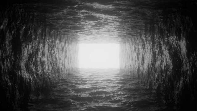 Dark tunnel with rough walls leading toward a bright, white light symbolizes hope and new beginnings, representing the journey of overcoming challenges and embracing possibilities