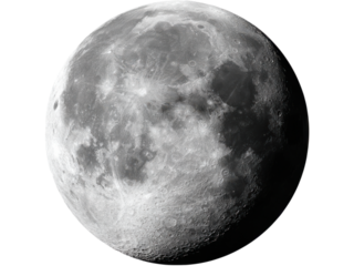 Detailed lunar surface with craters and maria against black moon, Isolated, Transparent Png