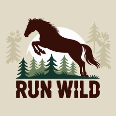 Majestic dark brown horse silhouette leaping joyfully through a stylized forest landscape with the words run wild below evoking freedom and nature