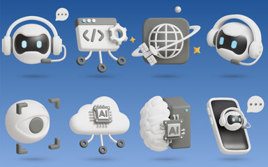 Artificial Intelligence 3D Vector Icon Set: Ai assistant,Coding,Iris Scan,Cloud System,Mechanical Brain,Ai phone