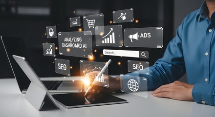 Digital marketing strategist analyses data analytics on multiple screens for website traffic optimization and business growth