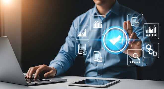 Man interacting with digital interface icons representing business processes, data analysis, and quality assurance on a laptop computer screen.