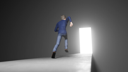 Businessman running across a gray floor, heading towards a bright open door in a dark gray room, representing hope, opportunity, and the promise of escape and new beginnings