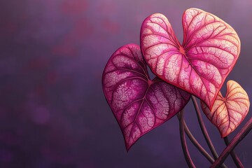 Heart-shaped leaves with intricate patterns in shades of pink and purple.