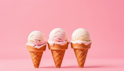 Three cones of ice cream in a row on a delicate pink background create an atmosphere of summer comfort. Each cone has a unique shade and waffle texture.