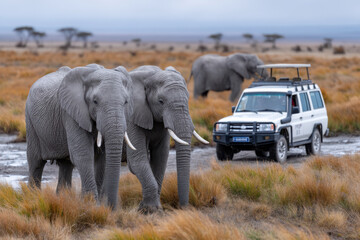 Elephants roam freely near a safari vehicle in the vast savannah landscape of Africa