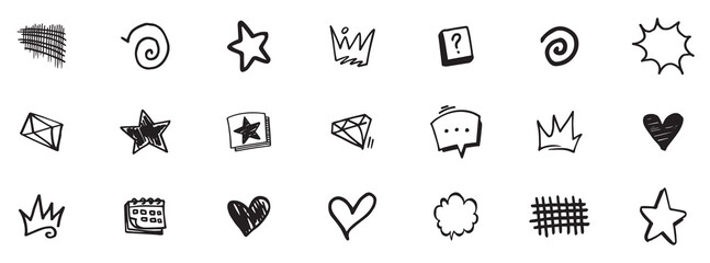 Handwritten set of different emoticons. Heart, crown, arrows, arrows, underlines, lightning, flower, love crowns and other elements in a hand drawn style for concept designs. Scribble vector illustra