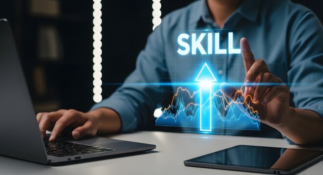 Rising skill level showcased with digital graph, upward arrow, and person interacting with a laptop, promoting education and career enhancement.
