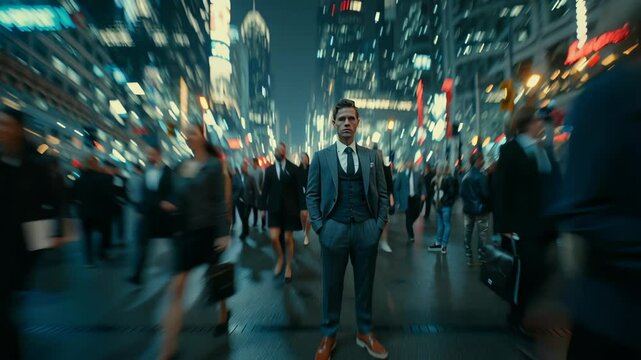 Young urban professional motionless in crowded street with city lights and blurred motion around him &ndash; concept of solitude, stress and personal strength