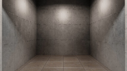 Featuring an empty concrete room with a smooth tile floor, spotlights casting dramatic light on the walls, creating a mysterious and atmospheric setting perfect for various presentations