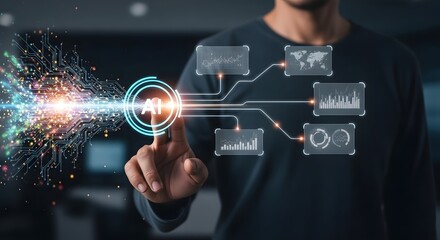 Exploring Artificial Intelligence, a hand touches the AI interface, showcasing interconnected data graphs, a modern approach to machine learning and technology.