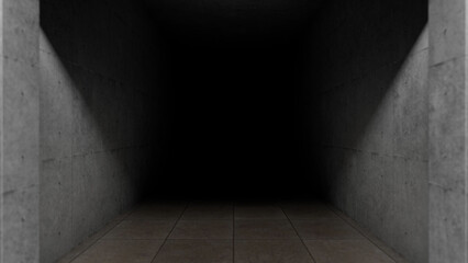 Empty corridor featuring concrete walls and a tiled floor, leading into an abyss of darkness, evokes a sense of mystery and suspense, inviting thoughts of the unknown