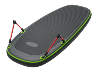 Fitness SUP board with resistance band attachments and a wide stance for exercises on water