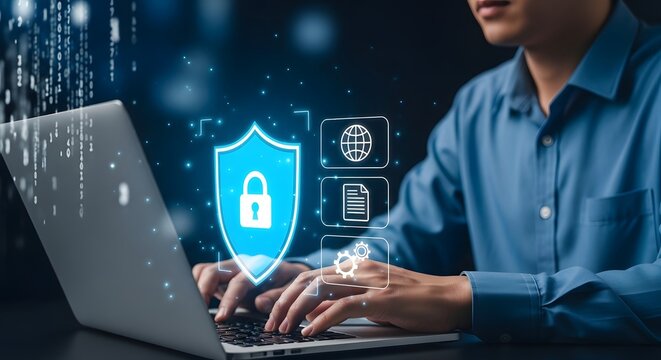 Data security and protection with a man using a laptop, showcasing cybersecurity measures and network defense against online threats for business success.