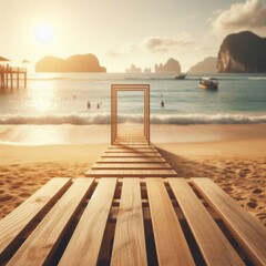  Stunning view from the wooden platform to the lagoon with the rising sun. Silhouettes of people enjoying the sea and the beach are visible against the background of the pier.