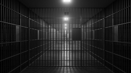 Long, dark corridor featuring jail bars, with a bright light shining at the end, symbolizing hope, freedom, and the contrasting themes of imprisonment and confinement