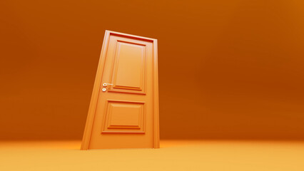Slightly ajar orange door leans against an orange wall in an orange room, bathed in a uniform, shadowless light, symbolizing new opportunities and choices