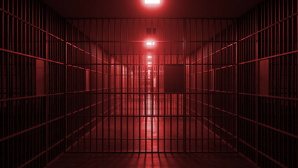 Red emergency lights illuminating a long jail corridor lined with metal bars and heavy doors, creating a dramatic and tense atmosphere filled with feelings of confinement and fear