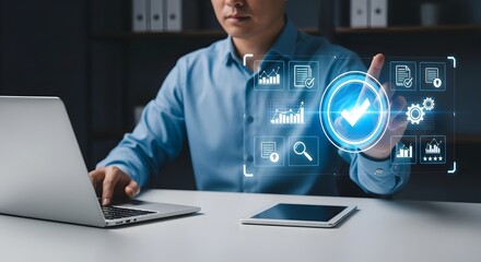 Professional manages data quality with a digital interface, ensuring accuracy and efficiency in business processes for optimized performance and reliability.