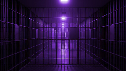 Purple lights casting an eerie glow along a long corridor in a prison, highlighting metal bars and deep shadows, evoke feelings of confinement and isolation within the oppressive atmosphere