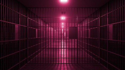 Rows of jail cells stretch down a long corridor, bathed in an unsettling pink light, creating a dramatic and tense atmosphere, hinting at confinement and the psychological impact of incarceration