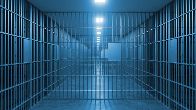 Long corridor created by jail bars leads to a brightly lit area, evoking feelings of confinement, imprisonment, and the criminal justice system